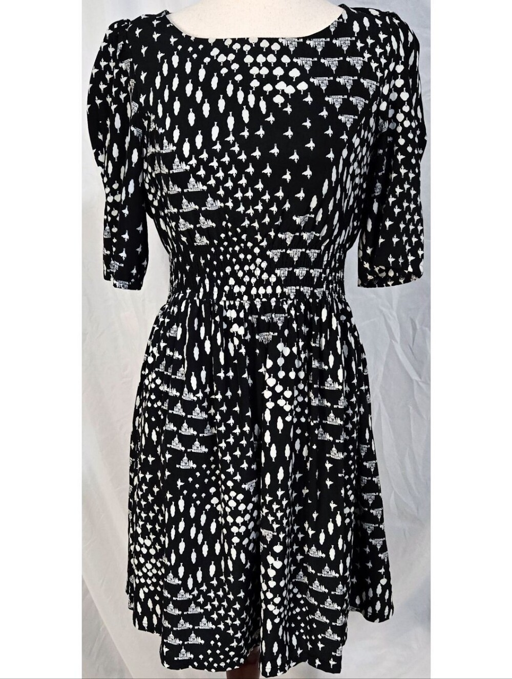 Topshop A Line Satin Dress Black White Classic Taj Mahal Tree Print Puff Sleeve